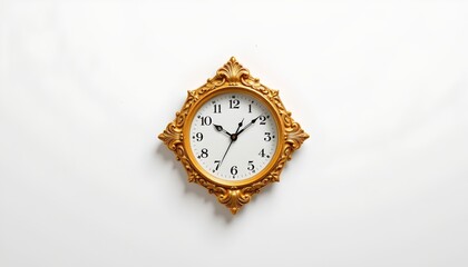 The photo features an ornate wall clock with Roman numerals, set to 9:40, against a minimalist backdrop.