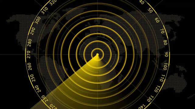 Radar screen loop with scanning beam circular grid.  Scanning Submarine Radar Screen with World Map. tracking systems, and advanced technology solutions. 