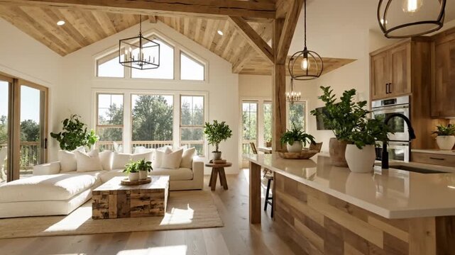 A video showcasing a modern farmhouse interior with a spacious living room and kitchen area, featuring large windows and wooden accents.