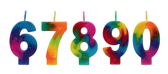Colorful rainbow birthday number candles from six to zero for cake decoration