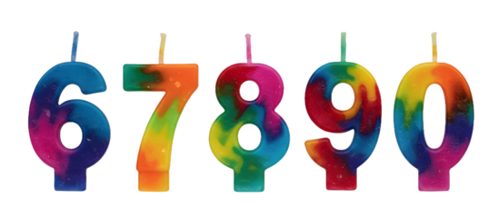 Colorful rainbow birthday number candles from six to zero for cake decoration