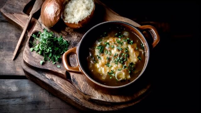 Paris, France, Europe. A rustic wooden cutting board with a bowl of soup, onions, and cilantro on it. The soup has a rich, creamy texture with visible ingredients like cheese and herbs.
