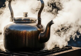 Steaming kettle on a grill, hot water boiling and producing a lot of steam, preparing for a hot beverage