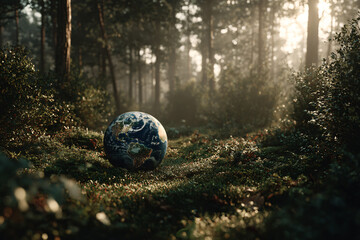 Earth globe on forest floor in sunlight environmental conservation nature concept