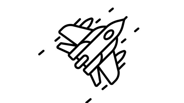 A modern linear animated icon of flying passenger jet