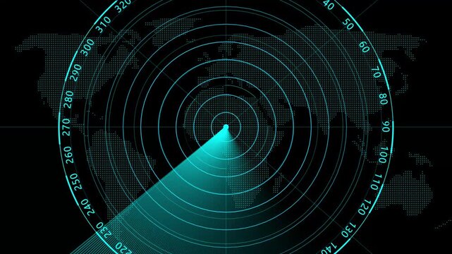Radar screen loop with scanning beam circular grid.  Scanning Submarine Radar Screen with World Map. tracking systems, and advanced technology solutions. 