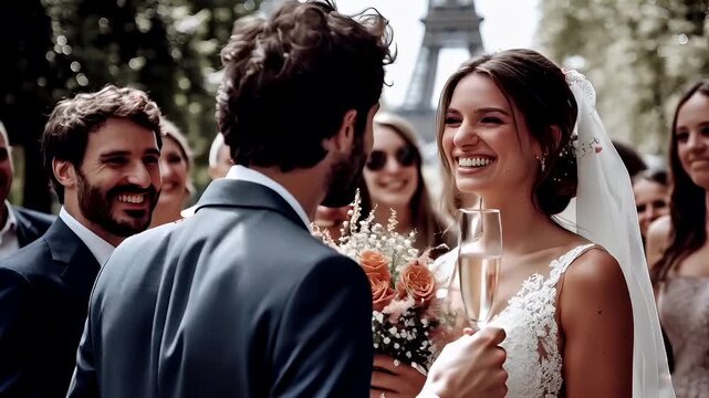 Paris, France, Europe. A wedding scene with a bride and groom at a celebratory event, with the Eiffel Tower in the background. The bride, in the foreground.