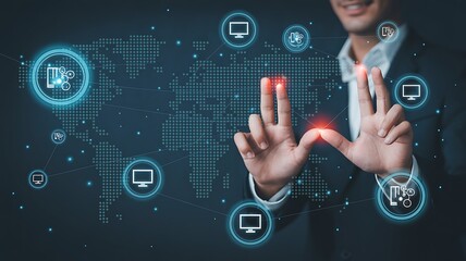 Aerospace engineer holding global network and space technology innovation, satellites navigation robotics AI propulsion orbit systems launch research communication exploration infrastructure.