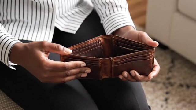 A woman rummages through her empty wallet in a cozy living room, searching for cash, video
