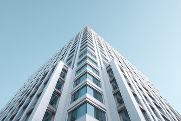 Obraz premium Modern skyscraper exterior with repeating structural elements and reflective glass windows under clear blue sky, showcasing contemporary architectural design and height