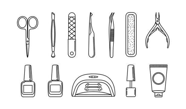 Manicure and nail art tools outline vector set for beauty salon