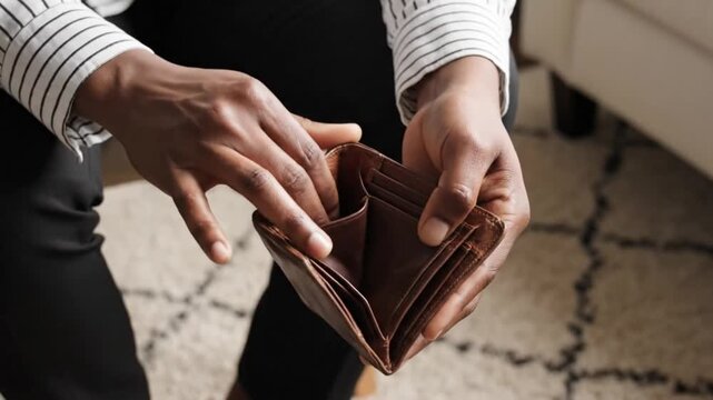 A man in a striped shirt rummages through his empty brown leather wallet in a living room with a beige couch and rug.