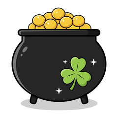 Lucky black cauldron filled with gold coins and a green shamrock