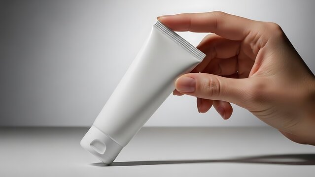 A hand holds a blank white cosmetic cream tube against a gray background