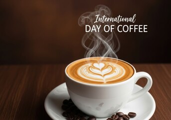 Steaming cup of coffee with latte art and coffee beans on a saucer, celebrating international day of coffee
