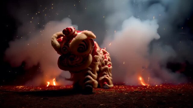 Chinese lunar new year holiday celebration. Spring festival tradition. Chunjie. Asia. A vivid portrayal of a traditional Chinese lion dance performance, set against a backdrop of a starry night sky.