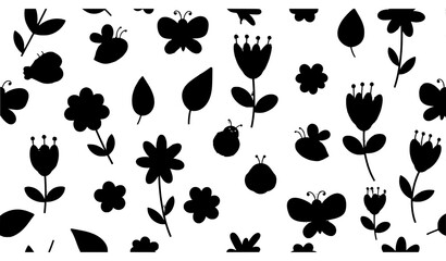 Children’s floral seamless pattern with insects leaves and flowers on light grey © Boloram