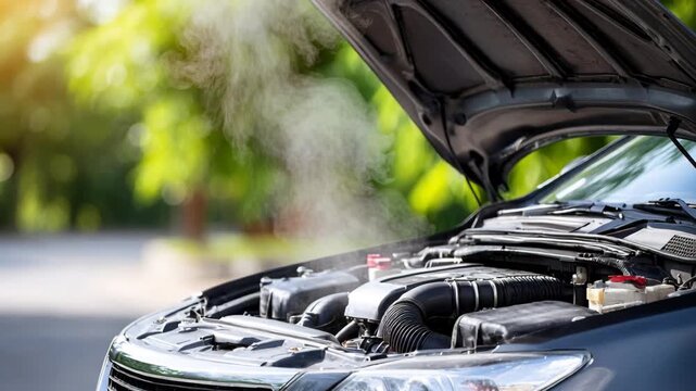 Steam billows from the open hood of a car, indicating an overheated engine on a sunny day.