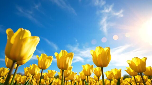 Low angle view of vibrant yellow tulips blooming under a bright blue sky with wispy white clouds and shining sun rays