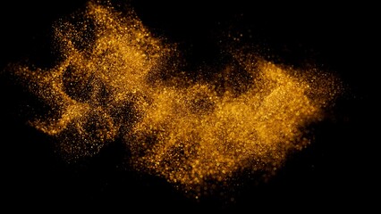 3d render. Abstract background of gold sand, golden glitter and sparkling bokeh lights shimmering in the dark. Macro of neural node.