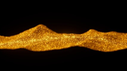3d render. Illustration of shiny abstract gold glitter wave isolated on black background. Sparkling wave of particles. Shimmering bokeh lights and golden sand