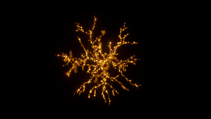 Golden sand or glitter in the shape of lightning bolt or neuron, neural node, with a bokeh effect. Abstract 3d illustration.