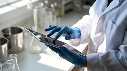 Scientist using a digital tablet in a laboratory setting with research equipment