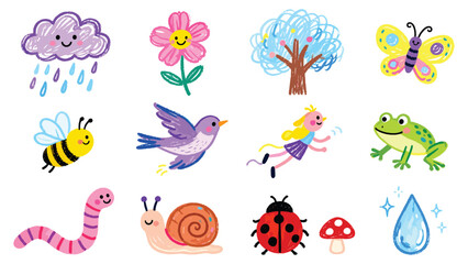 Fototapeta premium Vibrant illustrations of various insects and animals in a whimsical natural setting with flowers and trees