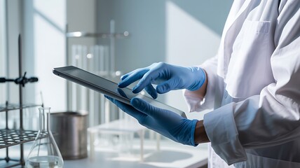 Scientist in lab coat using a digital tablet for research and analysis