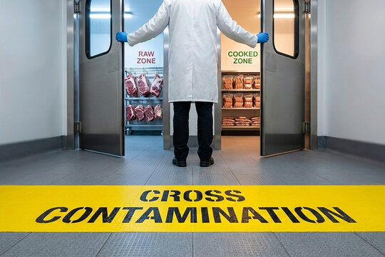 Food factory worker standing between raw and cooked zones illustrating a zoning violation and potential cross contamination path in a processing plant