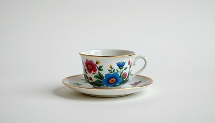 A vintage teacup and saucer set with a charming floral pattern and an intricate design of flowers and leaves, which is complemented by a simple