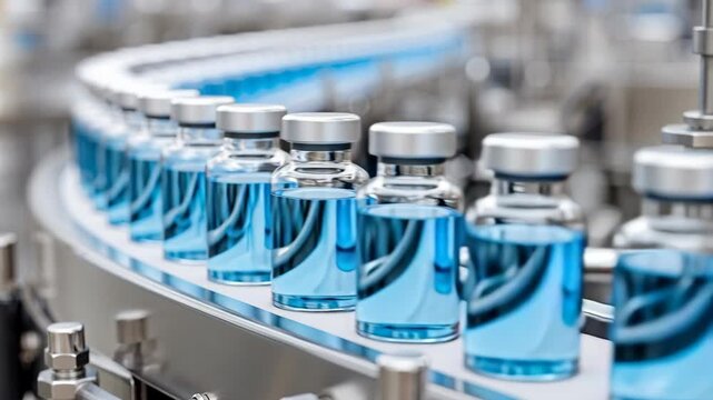 A clean, modern pharmaceutical production line with rows of clear glass vials filled with blue liquid moving along a conveyor belt.
