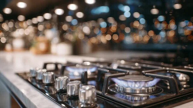 131Close-up of control knobs on a modern induction stove, soft reflections highlighting high-tech kitchen appliances