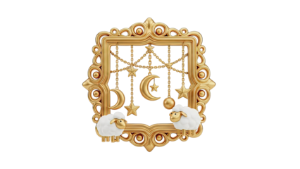 Golden Islamic Frame with Sheep, Moon, and Stars