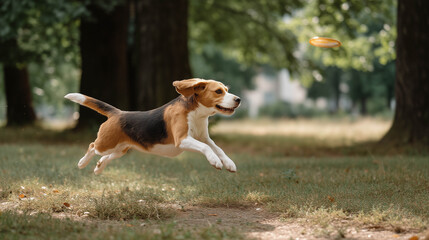 A playful beagle jumping to catch a frisbee in midair in the park.