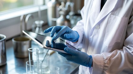 Scientist using a digital tablet in a laboratory setting with research equipment