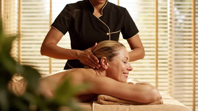 A skilled massage therapist giving a relaxing head massage to a serene woman in a peaceful spa setting during a calming video treatment.