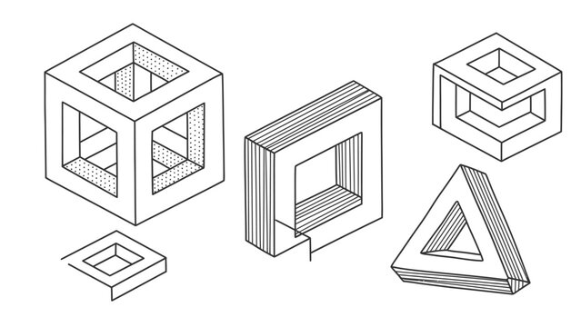 Set of impossible geometric shapes including a cube, square, and triangle in isometric view on an isolated white background