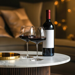 Modern wine still life red wine bottle and two glasses on white round table on white background.