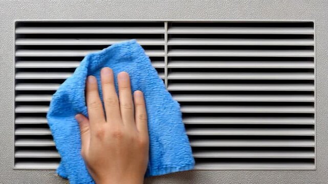 A close-up shot of a person's hand wiping a ventilation grille with a blue microfiber cloth for cleaning.