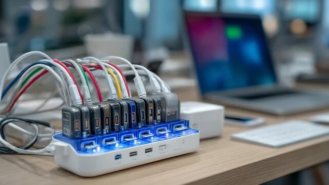 148Close-up of a USB hub with multiple devices connected, representing productivity, tech organization, and modern digital life