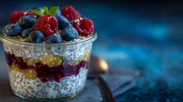 151Macro of fresh chia pudding with fruit layers in a glass jar, strongly detailed textures perfect for wellness and recipe imagery