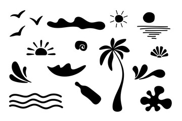 Boho Summer Beach Icon Set Vector Illustration, Hand Drawn Seaside Elements with Palm Tree, Ocean Waves, Sun and Seagulls for Branding and Surf Design