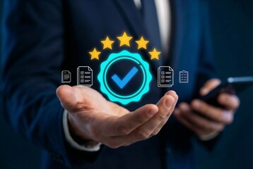 Businessman holding a glowing virtual quality assurance seal with a checkmark and five yellow stars. Floating document icons representing checklists and standard compliance. Concept of business excell