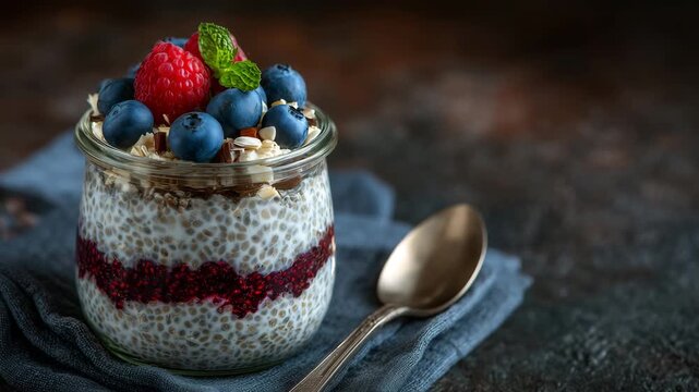 152Macro of fresh chia pudding with fruit layers in a glass jar, strongly detailed textures perfect for wellness and recipe imagery