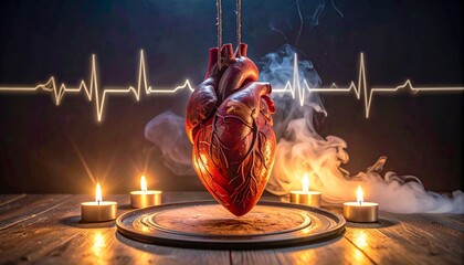 Realistic suspended human heart above candle-lit platform with glowing ECG line, dramatic and symbolic.