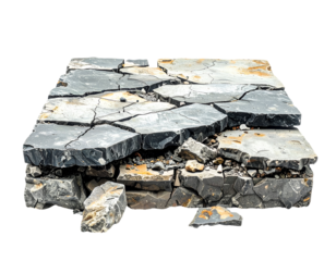 Cracked stone slab platform with broken rock tiles and rubble debris, damaged pavement texture base on isolated background