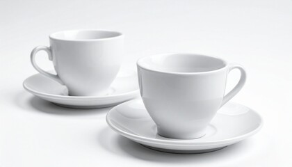 Minimalist white ceramic cup and saucer on white background, clean composition emphasizing form and texture.