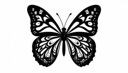 Symmetrical black and white butterfly illustration with ornate wing patterns, dots, curves, and teardrops.