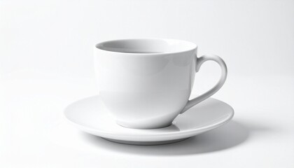 Minimalist white ceramic cup and saucer on white background, clean composition emphasizing form and texture.